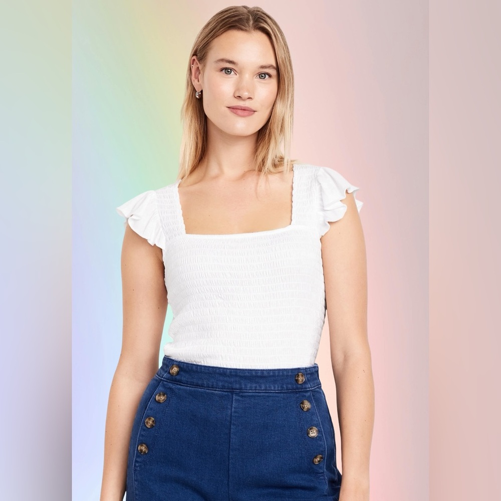 NWTS💓GAP OLD NAVY XL💓CRISP WHITE COTTON SEERSUCKER SMOCKED FLUTTER SLEEVED TOP - Picture 8 of 12